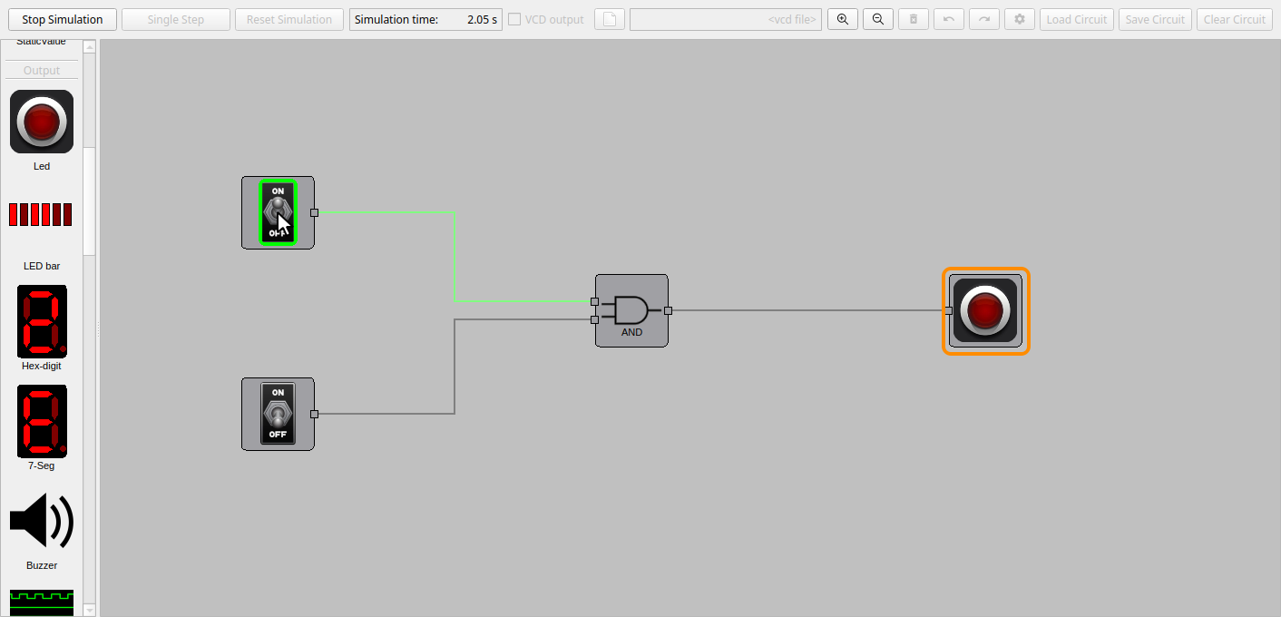 One switch on: the LED is still off