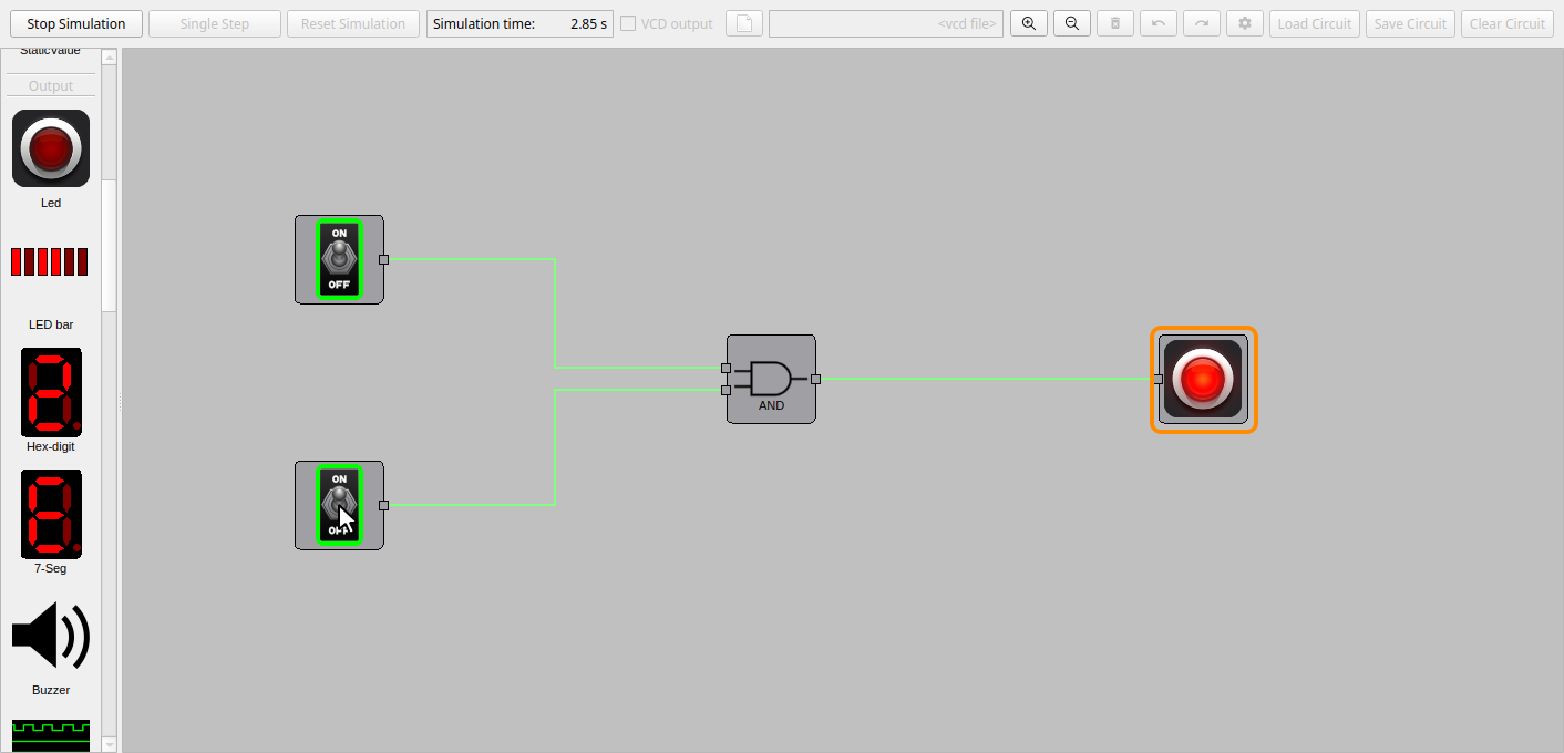 Both switches on: the LED lights up